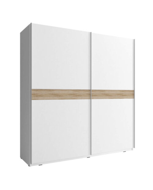 Mika 6 spinta, dviejų durų, 150 cm, stumdomos, lentynos, pakaba, balta/Sonoma ąžuolas