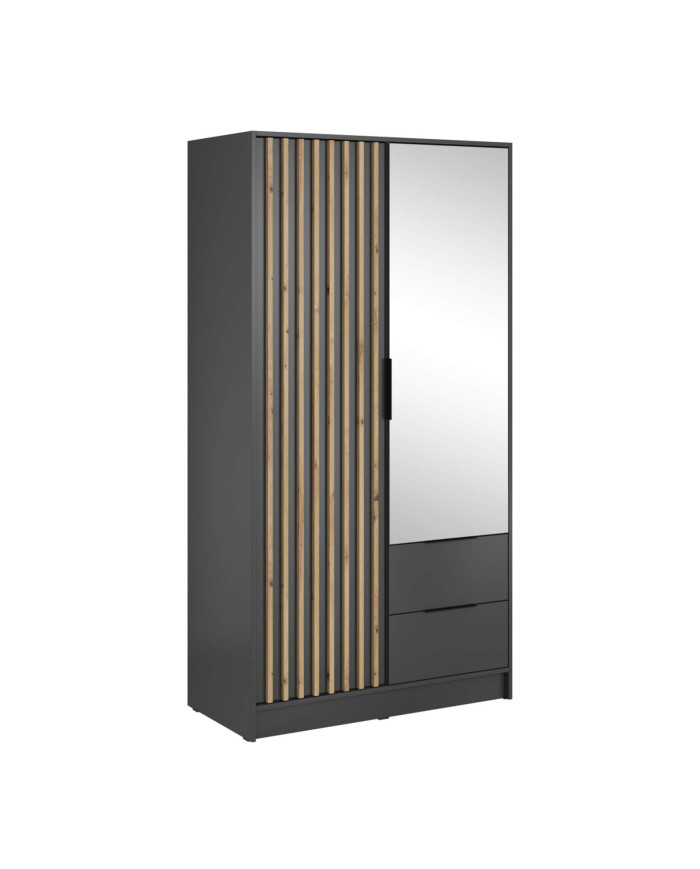 Nelly 100 spinta, dviejų durų, lentynos, pakaba, stalčiai, veidrodis, grafito/artisan ąžuolo spalvos