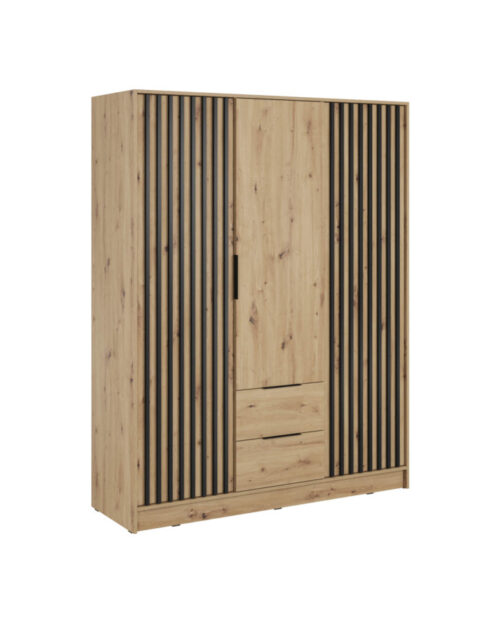 Nelly 3D spinta, trijų durų, 155 cm, lentynos, pakaba, stalčiai, Artisan Oak/Black