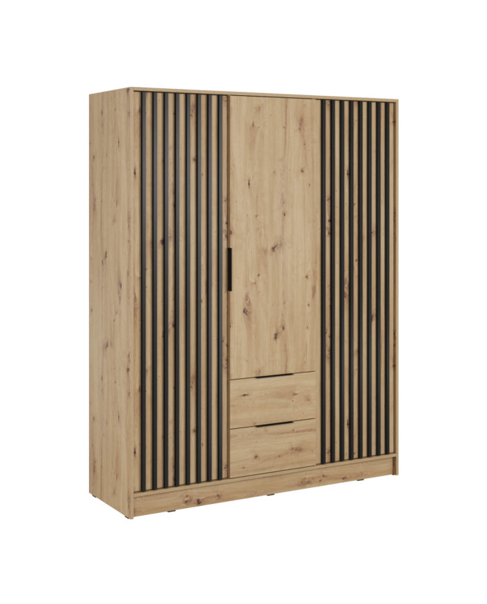 Nelly 3D spinta, trijų durų, 155 cm, lentynos, pakaba, stalčiai, Artisan Oak/Black