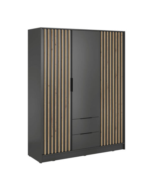 Nelly 3D spinta, trijų durų, 155 cm, lentynos, pakaba, stalčiai, grafito/artisan ąžuolo spalvos