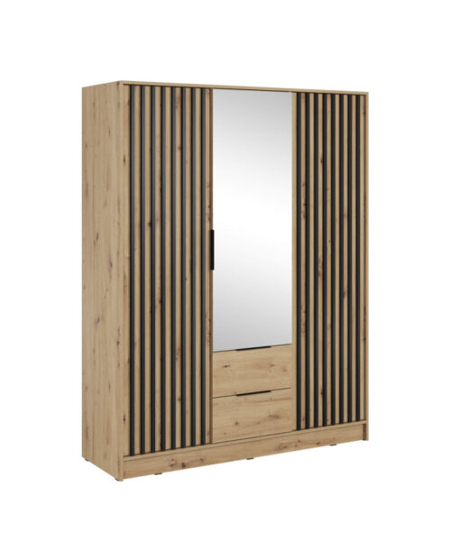 Nelly 3D spinta, trijų durų, 155 cm, lentynos, pakaba, stalčiai, veidrodis, Artisan Oak/Black