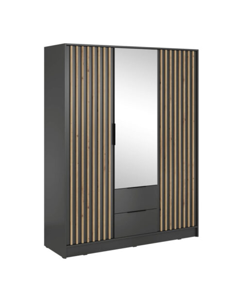 Nelly 3D spinta, trijų durų, 155 cm, lentynos, pakaba, stalčiai, veidrodis, grafito/artisan ąžuolo spalvos