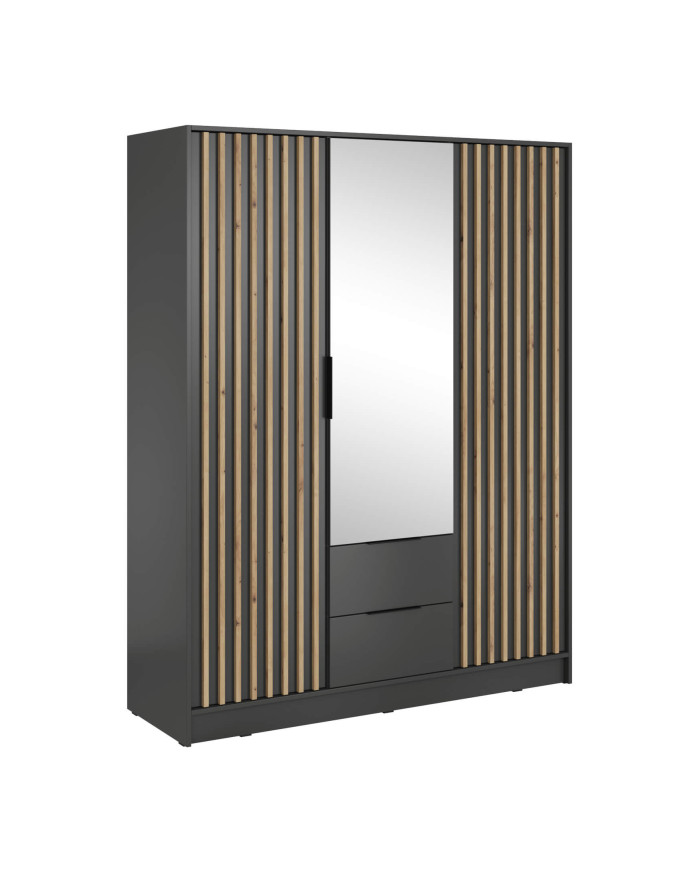 Nelly 3D spinta, trijų durų, 155 cm, lentynos, pakaba, stalčiai, veidrodis, grafito/artisan ąžuolo spalvos