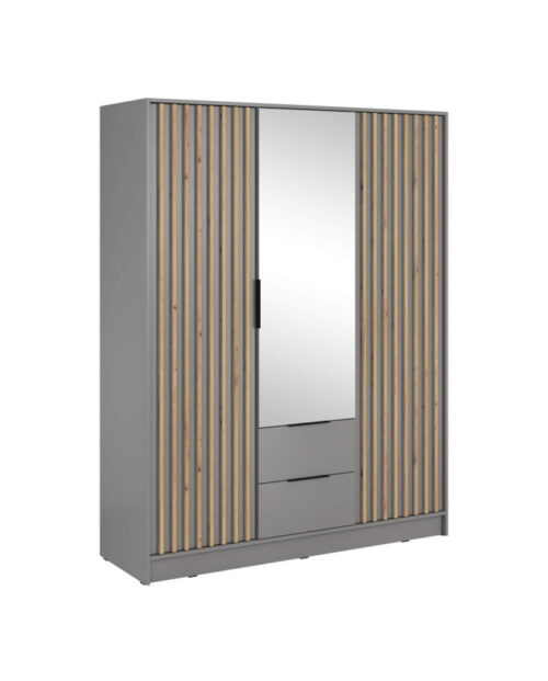 Nelly 3D spinta, 3 durys, 155 cm, lentynos, pakaba, stalčiai, veidrodis, pilka/artisan ąžuolas