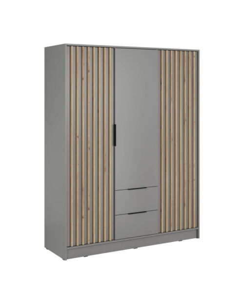 Nelly 3D spinta, 3 durys, 155 cm, lentynos, pakaba, stalčiai, pilka/artisan ąžuolas