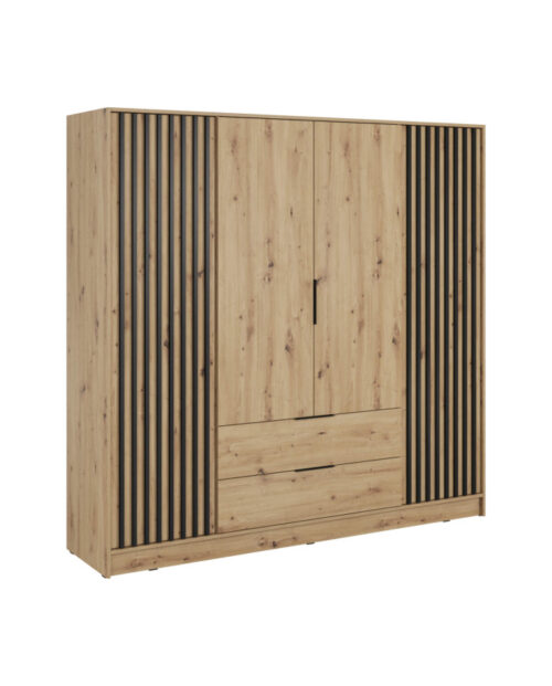 Nelly 4D spinta, keturių durų, 206 cm, lentynos, pakaba, stalčiai, Artisan ąžuolas/juoda