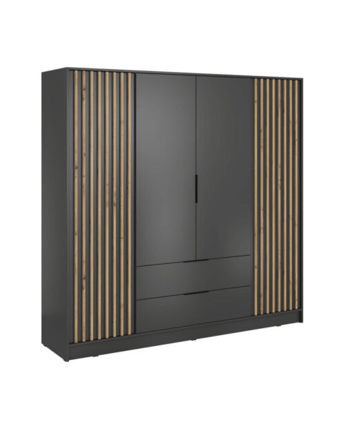 Nelly 4D spinta, keturių durų, 206 cm, lentynos, pakaba, stalčiai, grafito/artisan ąžuolo spalvos