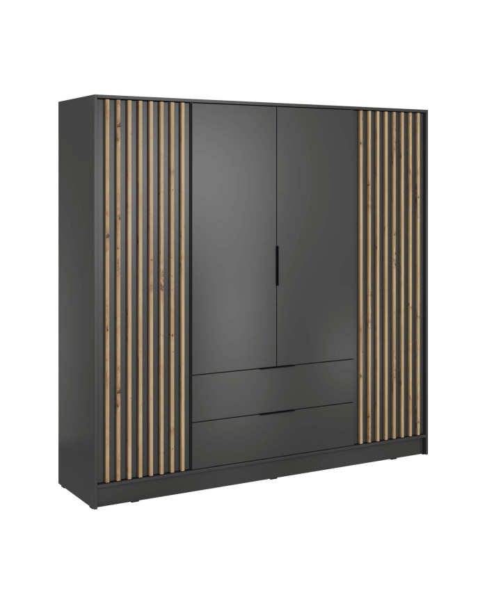 Nelly 4D spinta, keturių durų, 206 cm, lentynos, pakaba, stalčiai, grafito/artisan ąžuolo spalvos