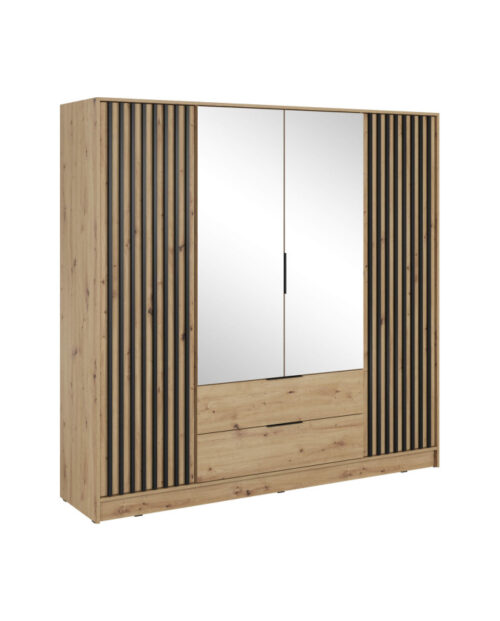 Nelly 4D spinta, keturių durų, 206 cm, lentynos, pakaba, stalčiai, veidrodžiai, Artisan ąžuolas/juoda