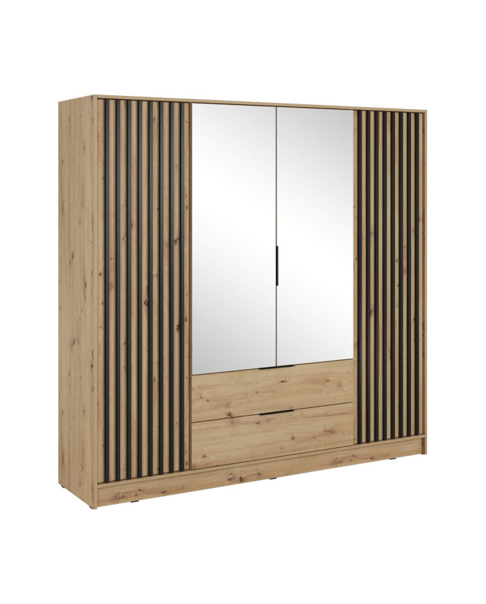 Nelly 4D spinta, keturių durų, 206 cm, lentynos, pakaba, stalčiai, veidrodžiai, Artisan ąžuolas/juoda