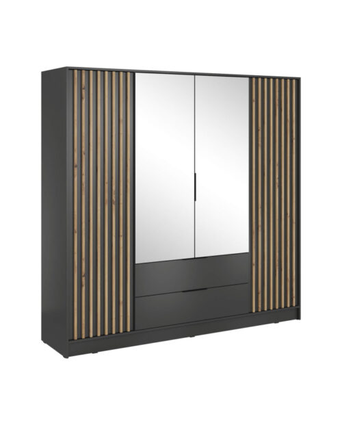 Nelly 4D spinta, keturių durų, 206 cm, lentynos, pakaba, stalčiai, veidrodžiai, grafito/artisan ąžuolo spalvos