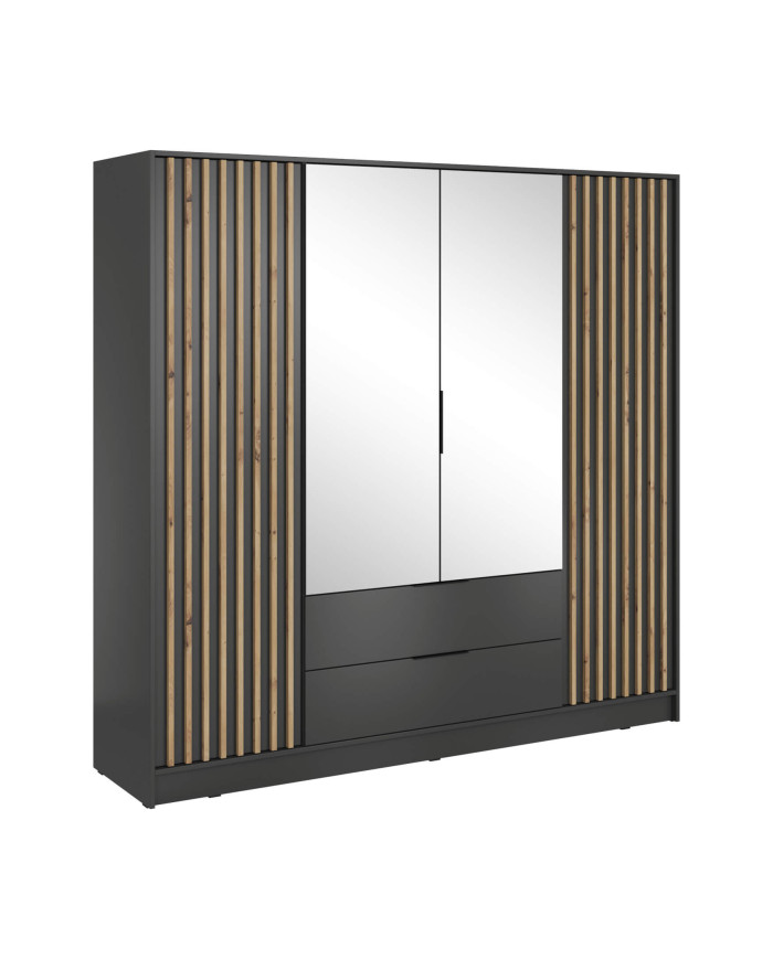 Nelly 4D spinta, keturių durų, 206 cm, lentynos, pakaba, stalčiai, veidrodžiai, grafito/artisan ąžuolo spalvos