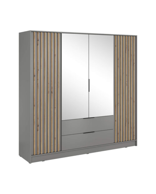 Nelly 4D spinta, keturių durų, 206 cm, lentynos, pakaba, stalčiai, veidrodžiai, pilka/artisan ąžuolas