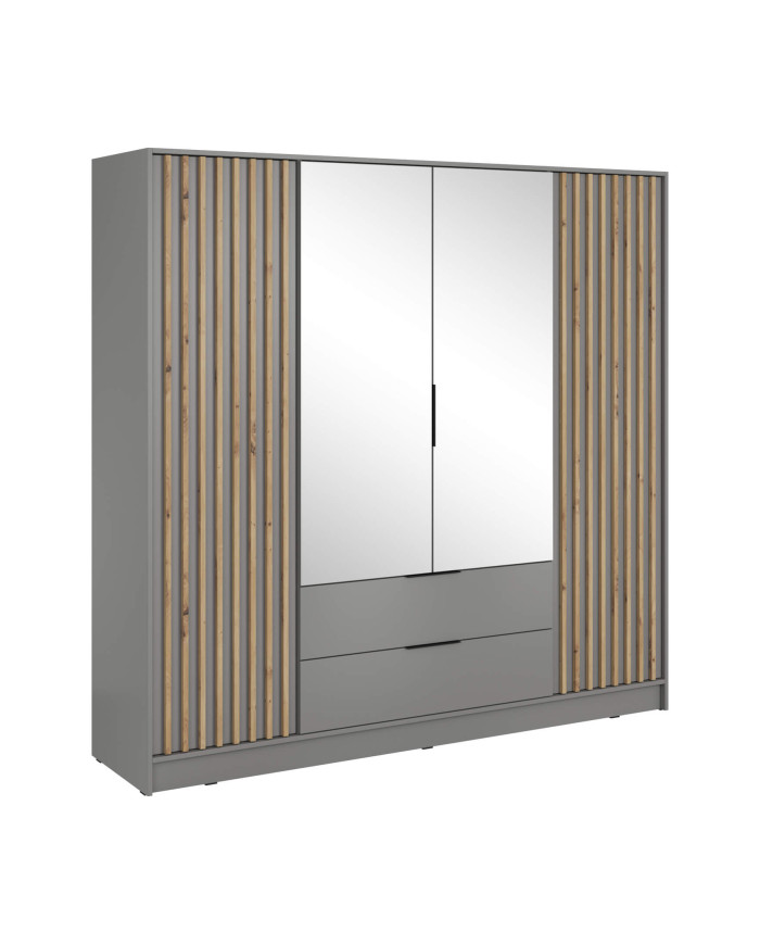 Nelly 4D spinta, keturių durų, 206 cm, lentynos, pakaba, stalčiai, veidrodžiai, pilka/artisan ąžuolas
