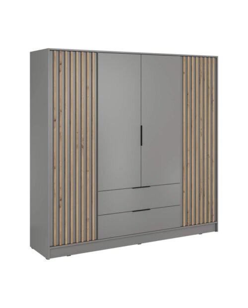 Nelly 4D spinta, keturių durų, 206 cm, lentynos, pakaba, stalčiai, pilka/artisan ąžuolas