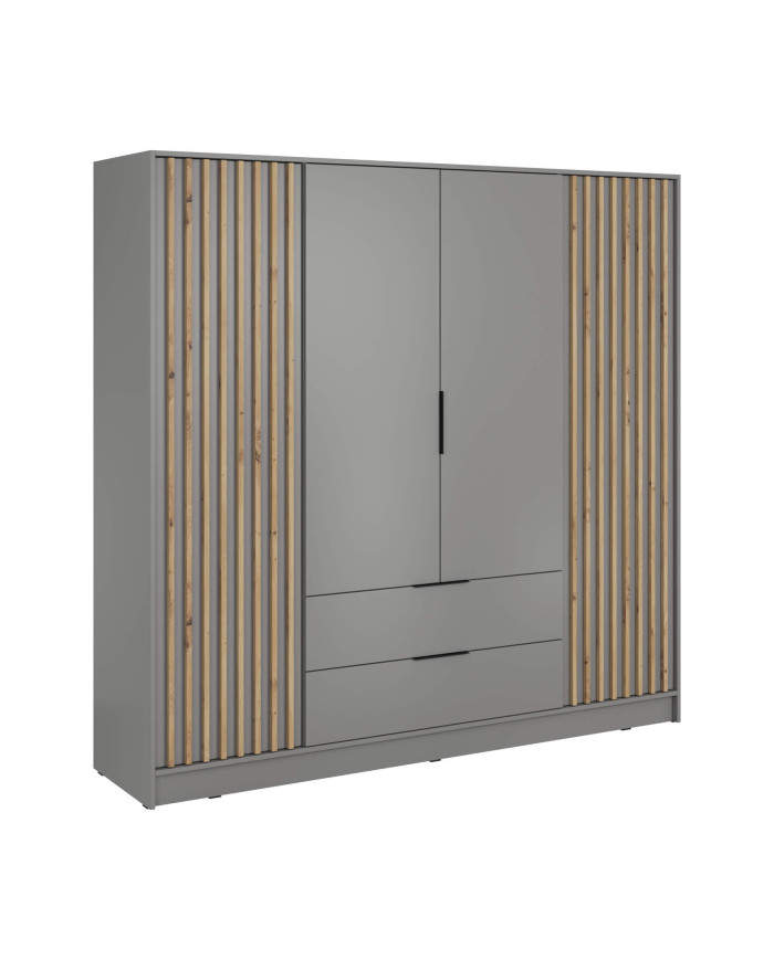 Nelly 4D spinta, keturių durų, 206 cm, lentynos, pakaba, stalčiai, pilka/artisan ąžuolas