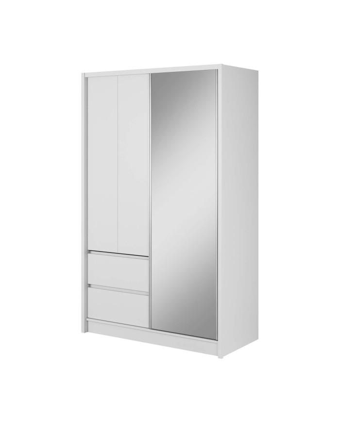 Sara spinta, dviejų durų, 134 cm, stumdomos, lentynos, pakabos karnizas, stalčiai, veidrodis, balta