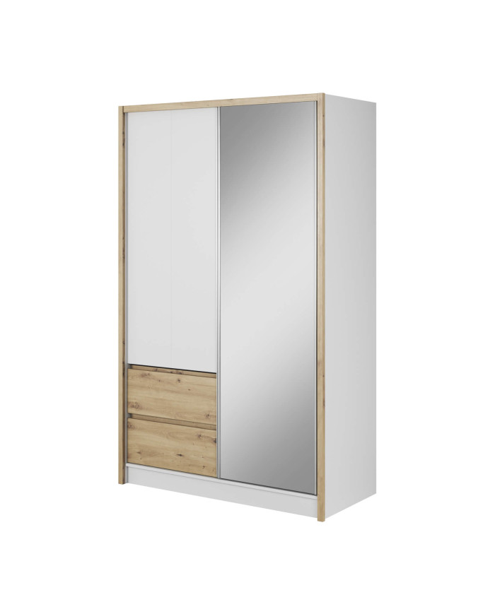 Sara spinta, dviejų durų, 134 cm, stumdomos, lentynos, pakaba, stalčiai, veidrodis, balta/artisan ąžuolas