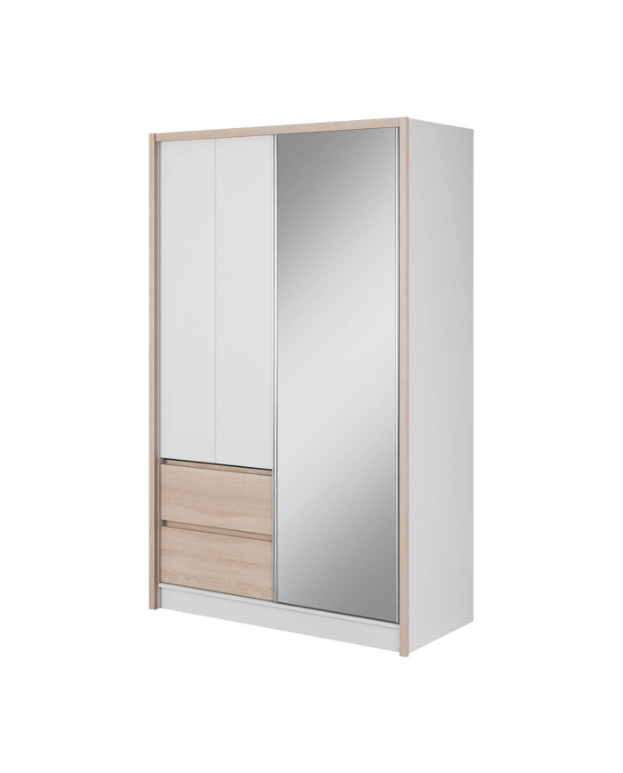 Sara spinta, dviejų durų, 134 cm, stumdomos, lentynos, pakaba, stalčiai, veidrodis, balta/Sonoma ąžuolas