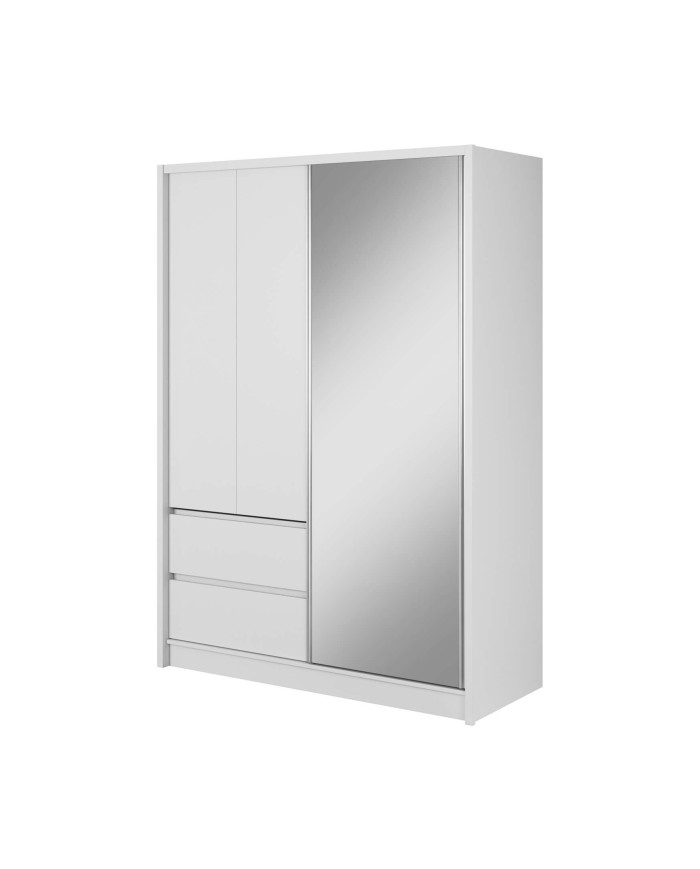 Sara spinta, dviejų durų, 154 cm, stumdomos, lentynos, pakabos karnizas, stalčiai, veidrodis, balta