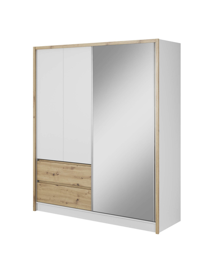 Sara spinta, dviejų durų, 184 cm, stumdoma, lentynos, pakaba, stalčiai, veidrodis, balta/artisan ąžuolas