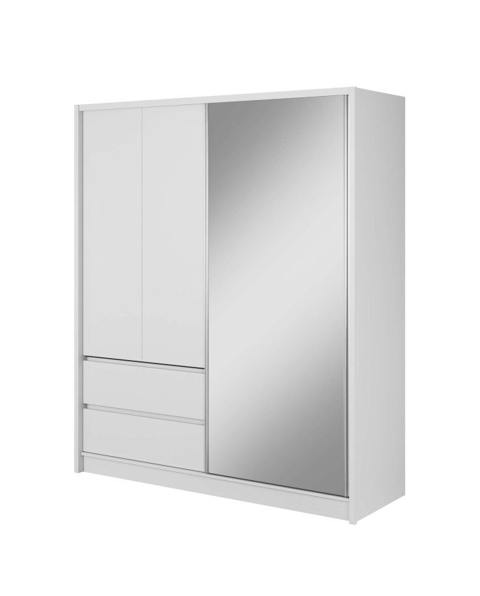 Sara spinta, dviejų durų, 184 cm, stumdomos, lentynos, pakabos karnizas, stalčiai, veidrodis, balta