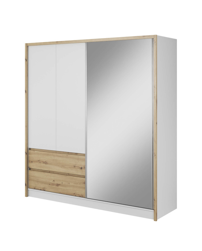 Sara spinta, dviejų durų, 204 cm, stumdoma, lentynos, pakaba, stalčiai, veidrodis, balta/artisan ąžuolas