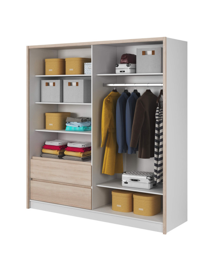 Sara spinta, dviejų durų, 204 cm, stumdomos, lentynos, pakaba, stalčiai, veidrodis, balta/Sonoma ąžuolas - Paveikslėlis 2