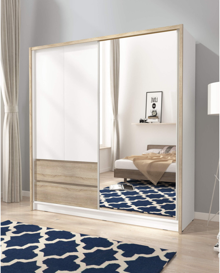 Sara spinta, dviejų durų, 204 cm, stumdomos, lentynos, pakaba, stalčiai, veidrodis, balta/Sonoma ąžuolas - Paveikslėlis 3