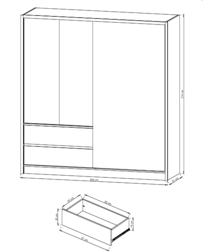 Sara spinta, dviejų durų, 204 cm, stumdomos, lentynos, pakaba, stalčiai, veidrodis, balta/Sonoma ąžuolas - Paveikslėlis 5