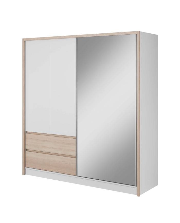Sara spinta, dviejų durų, 204 cm, stumdomos, lentynos, pakaba, stalčiai, veidrodis, balta/Sonoma ąžuolas