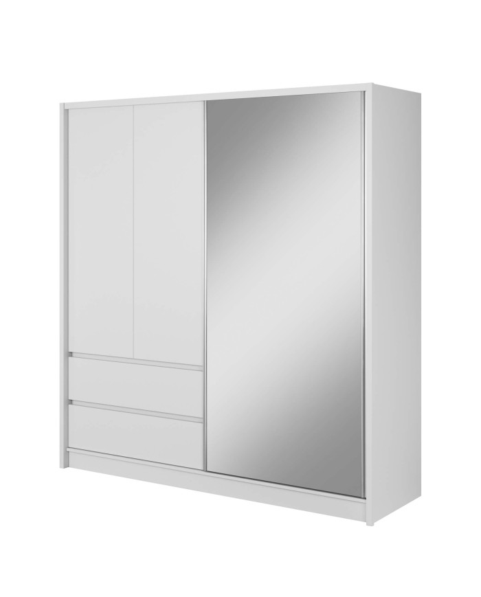 Sara spinta, dviejų durų, 204 cm, stumdomos, lentynos, pakabos karnizas, stalčiai, veidrodis, balta