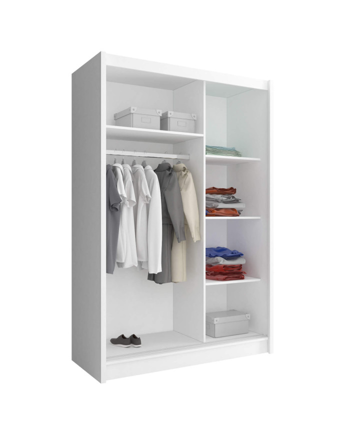 Wiki spinta, dvidurė, 150 cm, stumdomos, lentynos, pakabinimo karnizas, balta - Paveikslėlis 2