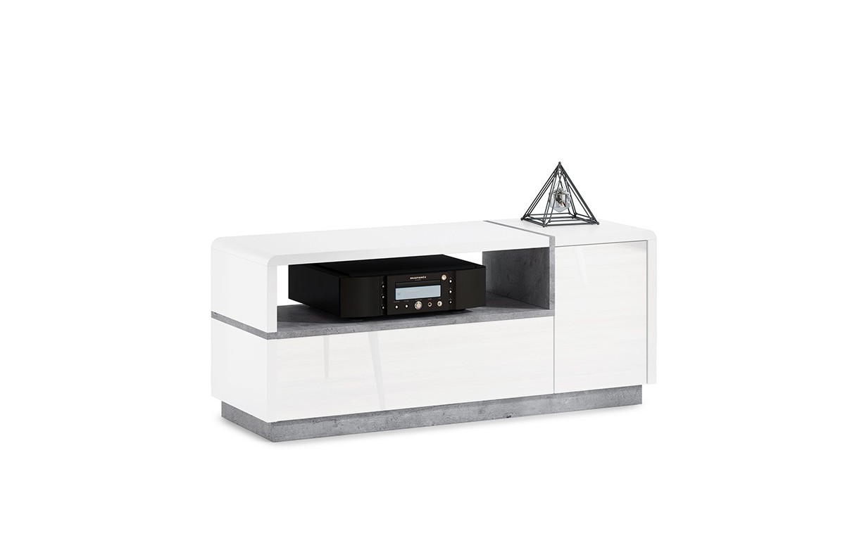FOLK RTV-120 spintelė, blizgi balta/matinė + „Millenium Concrete“ – MODERNI SVETAINEI
