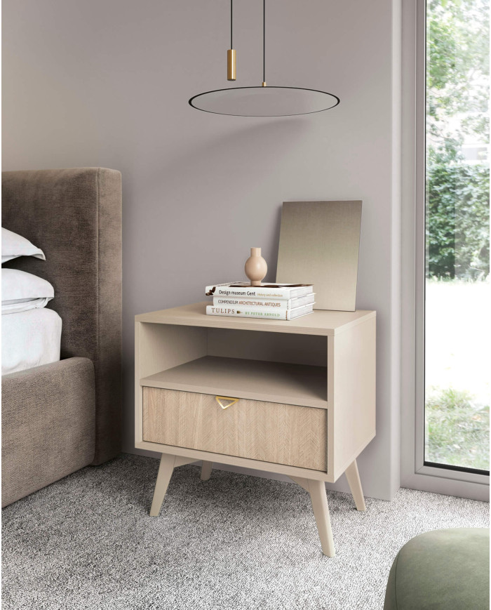 Forest S54 naktinis staliukas, su stalčiumi, įduba, smėlio spalvos/skandinaviško rašto - Paveikslėlis 4