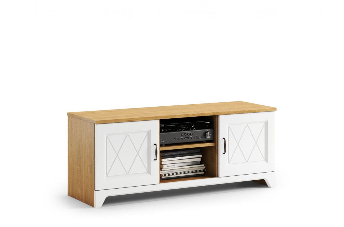 TV spintelė PROVENZA D2 akmens ąžuolo/matinės baltos spalvos - RETRO TV STOVĖJIMO KAMBARYJE