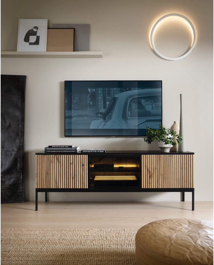 Sento RTV154 TV spintelė, durelės, šviestuvai, juoda/Wotan ąžuolas — изображение 4