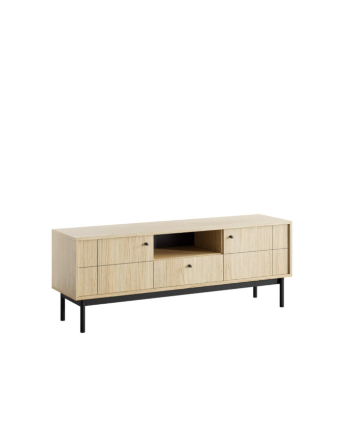 Japandi RTV 154 TV spintelė, durelėmis, stalčiumi, niša, Linea ąžuolas/juoda
