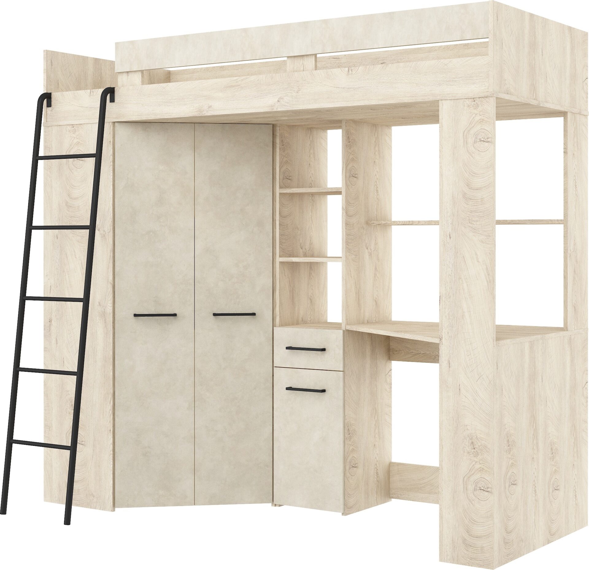 FLO L migdolų pilkumo dviaukštė lova su stalu, kampinė spinta, antresolė