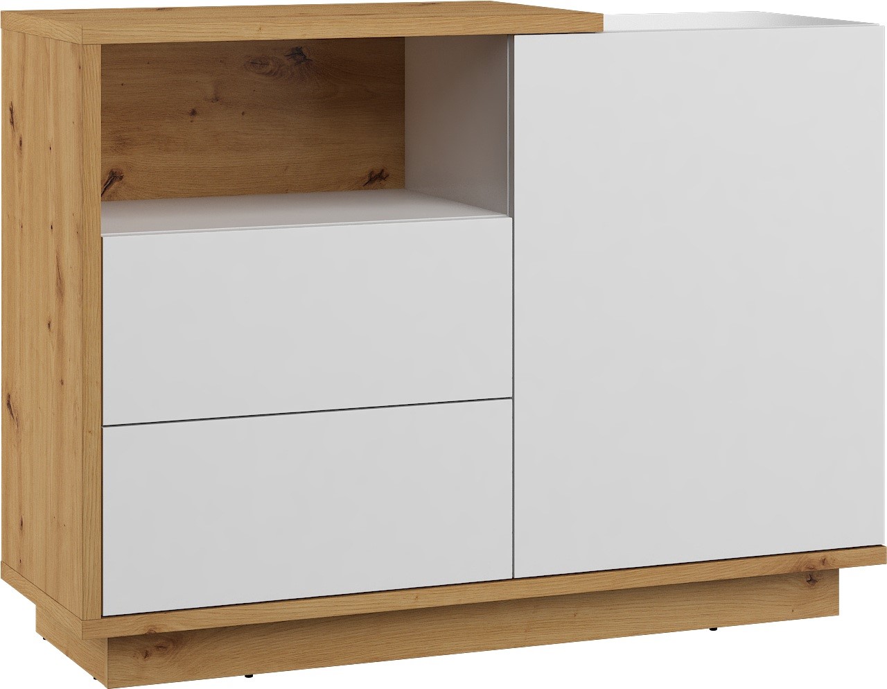 BRITA 03 baldų komoda su durelėmis ir lentyna, ąžuolo dirbiniai, balta blizgi spalva