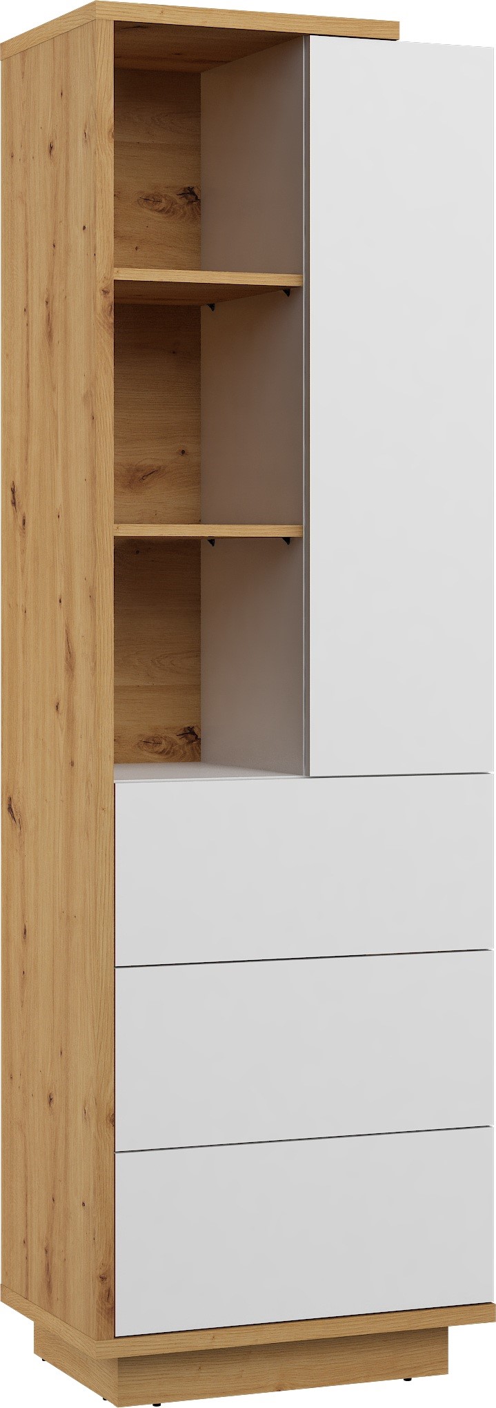 BRITA 19 aukšta baldų lentyna su lentynomis, stalčiumi, durelėmis, ąžuolo dirbiniai, balta