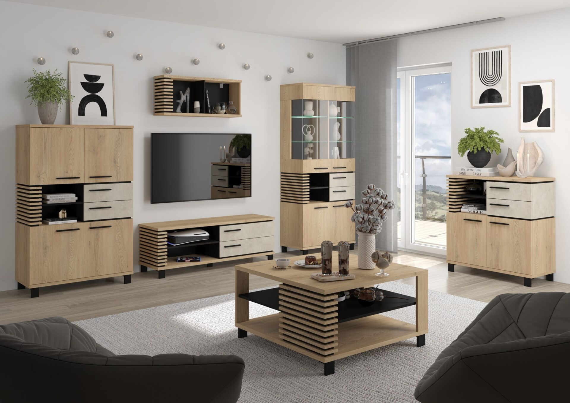 MILAR #6 baldai, komoda, televizoriaus spintelė, vitrina, kavos staliukas, ąžuolas „Cremona“