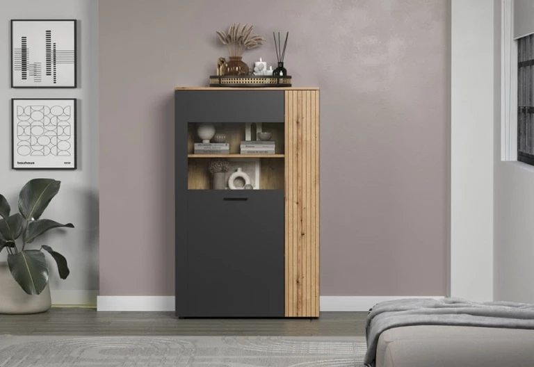 ESTEBAN žema vitrininė spinta 1d1w grafito / ąžuolo evok