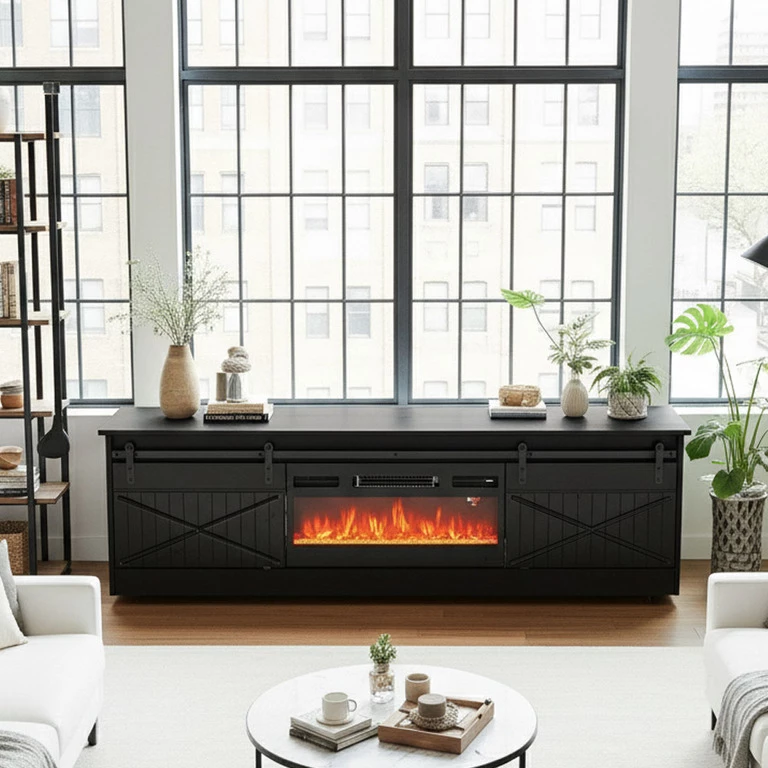 GRANERO juoda TV spintelė su židiniu