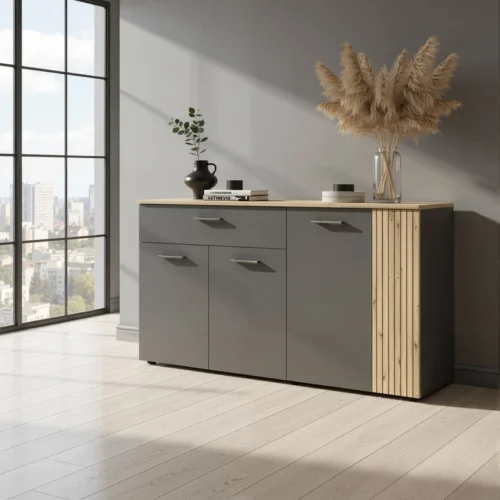 ESTEBAN komoda, 4 stalčiai, 1 vnt., grafito spalvos / ąžuolo spalvos