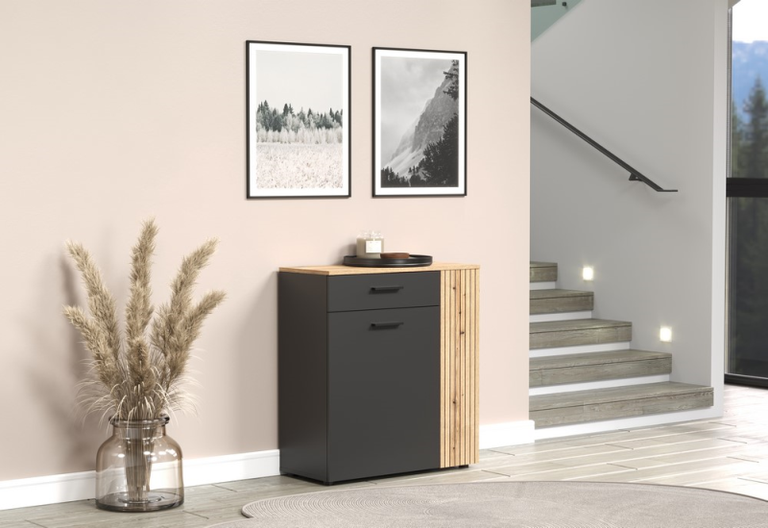 ESTEBAN komoda, 2 stalčiai, 1 vnt., grafito spalvos / ąžuolo spalvos, evok spalvos