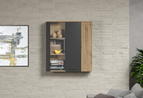 ESTEBAN pakabinama vitrina, 2 vnt., 1 vnt., grafito spalvos / ąžuolo spalvos, evok