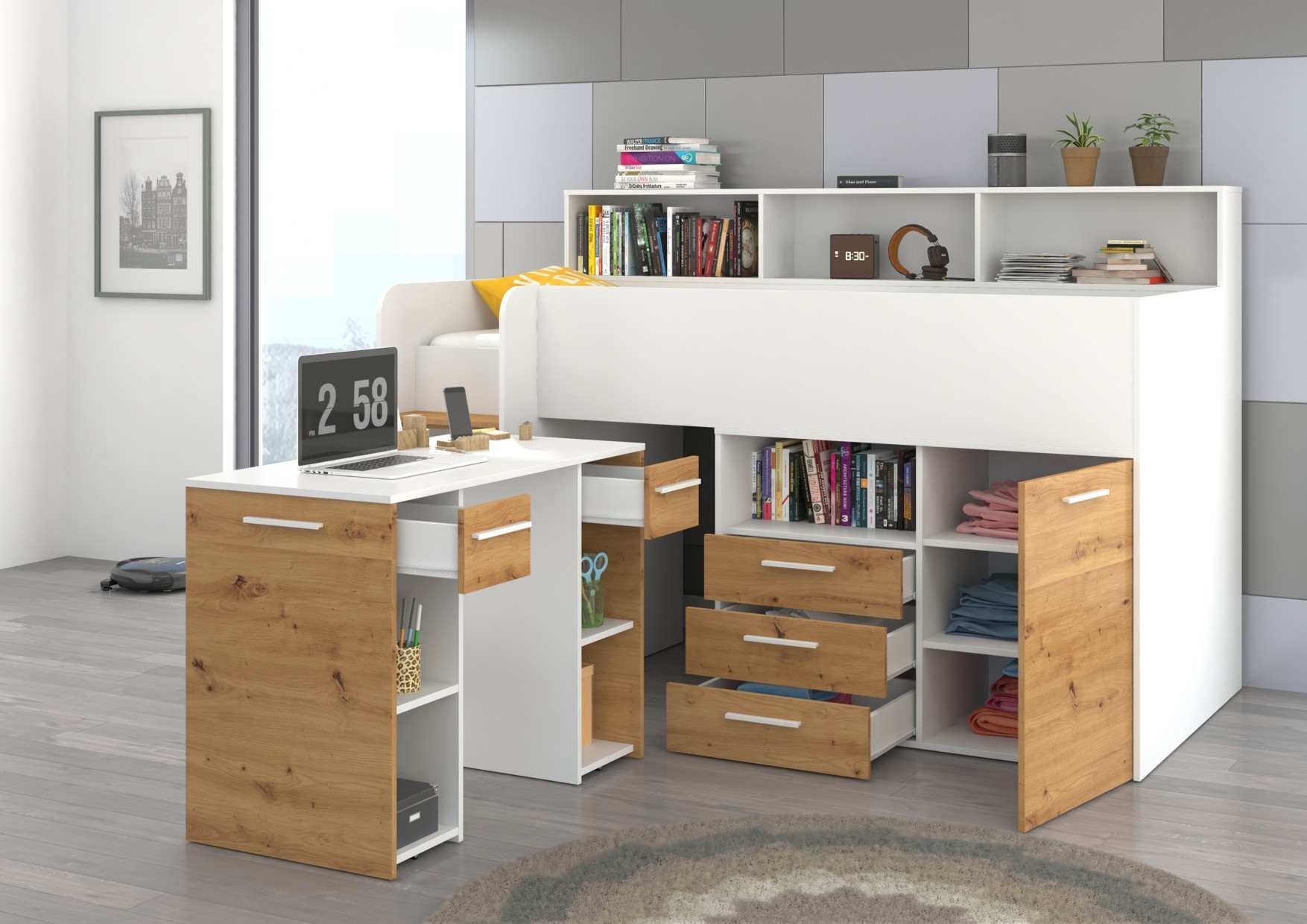 Vaikiška dviaukštė lova jaunimui, mezoninas ENO L, balta / ąžuolas