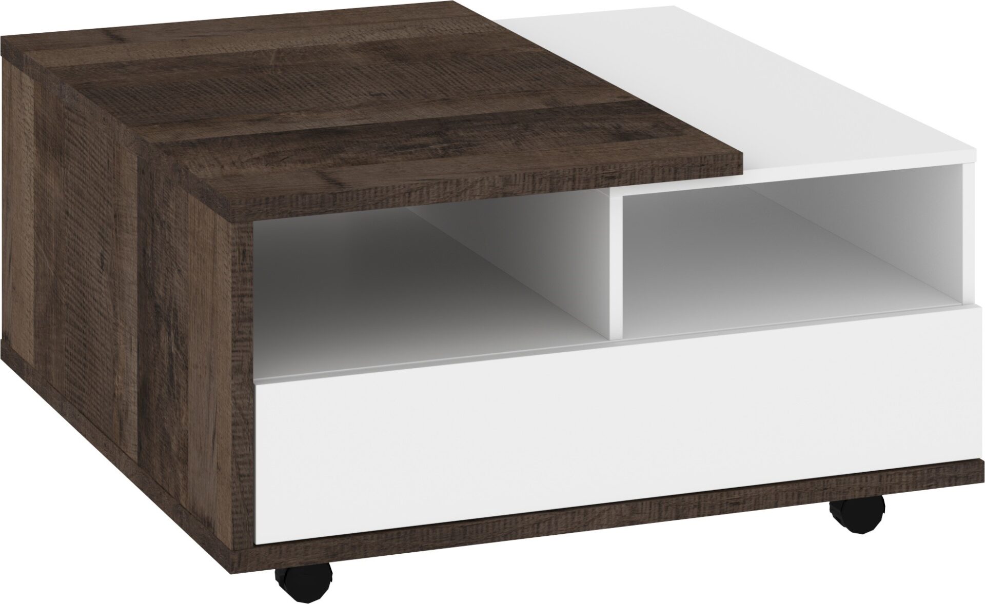 BRITA 11 kavos staliukas su stalčiais, Grange ąžuolas, baltas blizgus